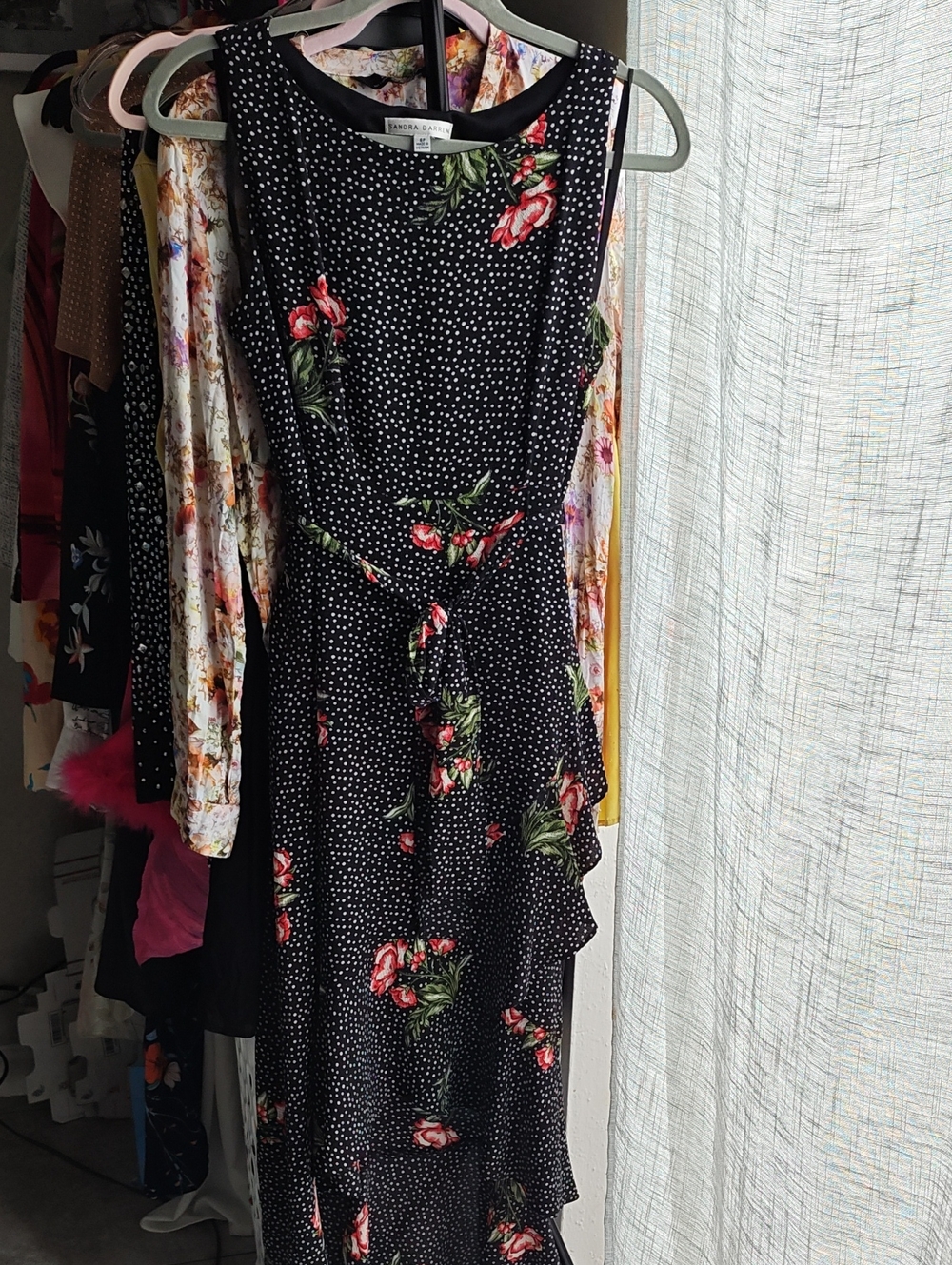 Sandra Darren Black Polka Dot Midi Dress with Red Floral Print